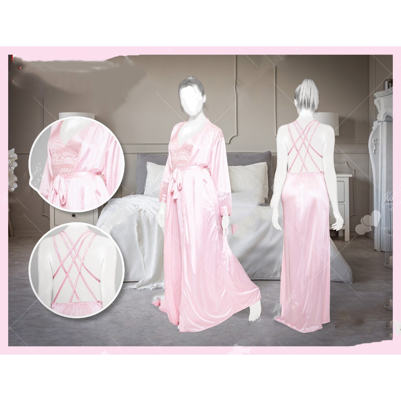 2 Piece Silk Nightwear Inner + Gown For Girls & Women