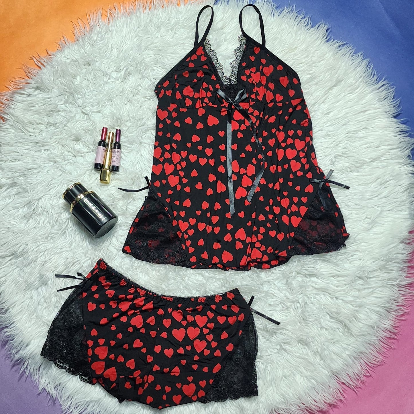 Eris Printed Heart - 2pcs Inner & Silk Shorts Cami Set