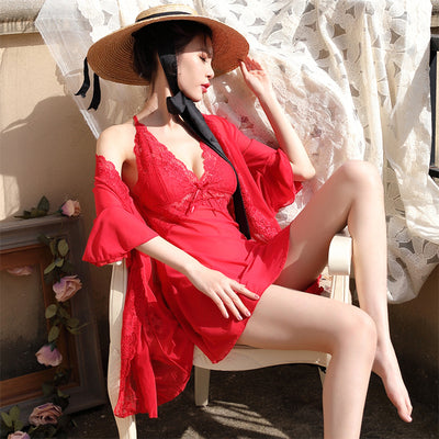 Transparent-3PCS Lace Robe and Sheer Bathrobe Set