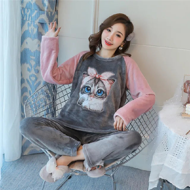 Fleece Long Sleeve Pajama Suit Cat