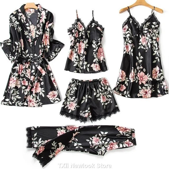 Floral Cover - 5pc Silk Nightwear