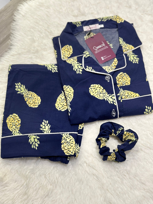 Galaxy Boski Linen Printed Pajama Suit Navy Blue