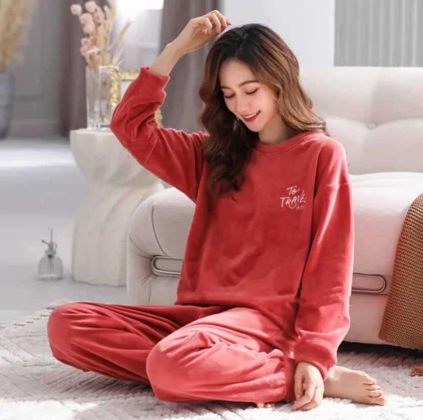 Fleece Long Sleeve Pajama Suit Shaded Red