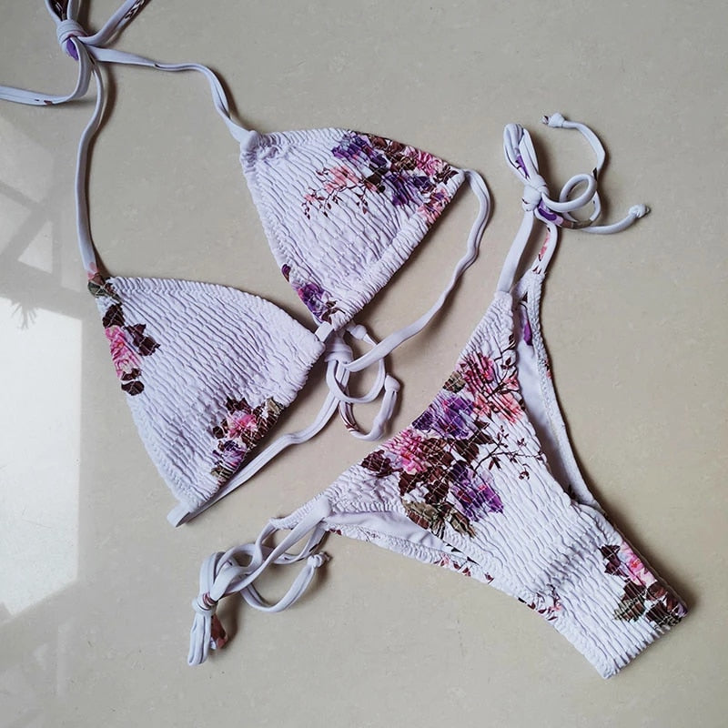 Front Open Floral Printed String Ribbed Bikini