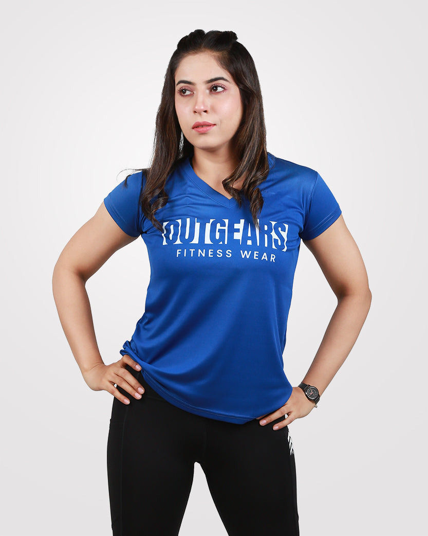 Womens V-Neck Dri-Fit Tees Blue - Outgears Fitness