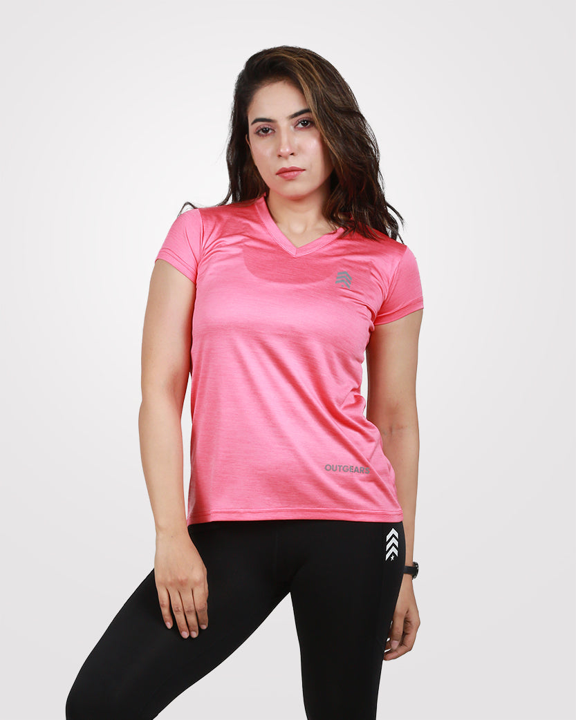 Women V-Neck Dri-Fit Tees Pink - Outgears Fitness