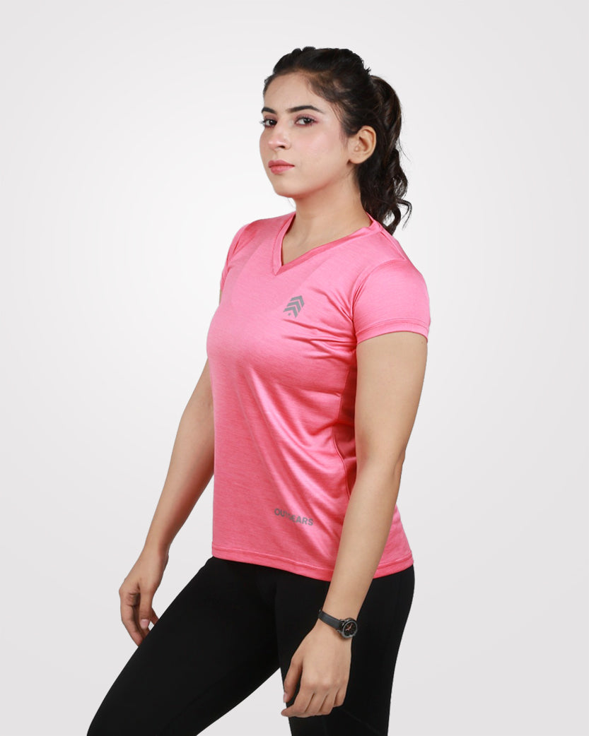 Women V-Neck Dri-Fit Tees Pink - Outgears Fitness