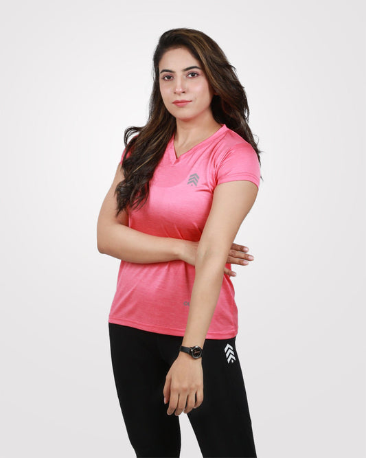 Women V-Neck Dri-Fit Tees Pink - Outgears Fitness